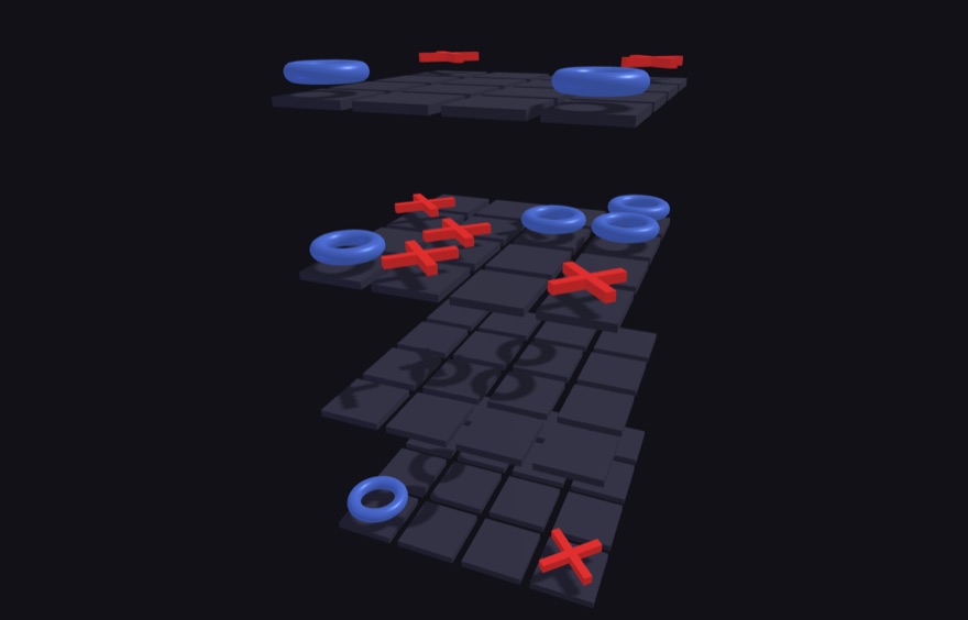 3DTTT gameplay — red crosses and blue rings on stacked 4×4 boards
